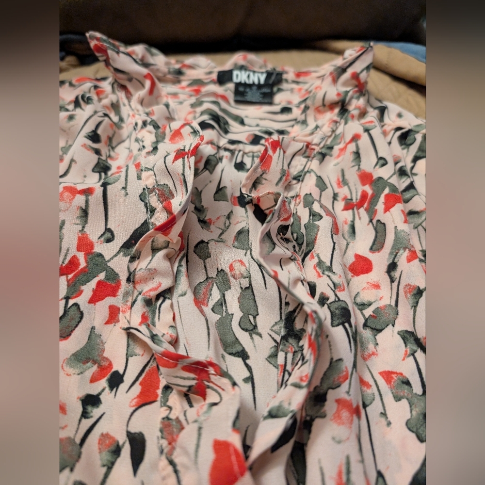 DKNY Pink Red and Black Patterned Ruffle Top
